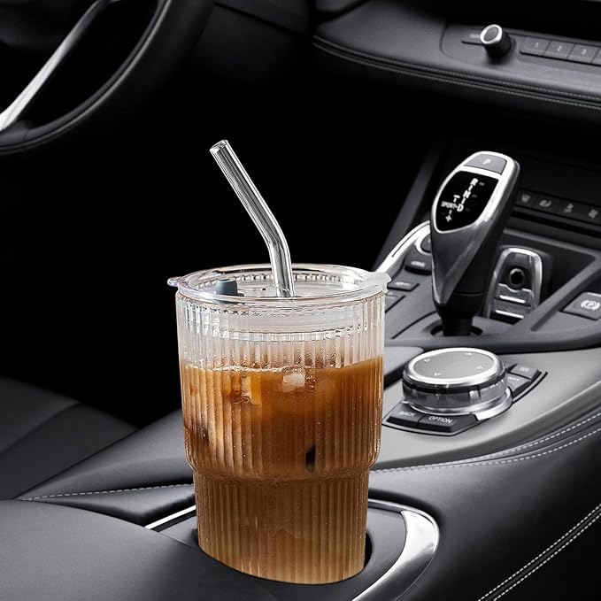 Glass Cups with Lids and Straws - 18oz Glass Tumbler with Straw and Lid, Premium Coffee Cups for Tea, Iced Coffee, Smoothie，Ideal Gift for Home, Office, 4 Pack