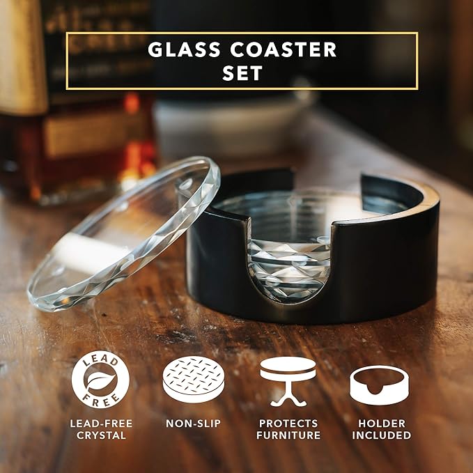 Dragon Glassware Crystal Coasters - Clear Glass Coasters for Drinks Set of 4 - Barware for Coffee Table - Diamond Coaster Set with Holder