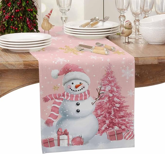 Pink Christmas Snowman Table Runners 108 Inches Long, Cotton Linen Fabric - Image 4