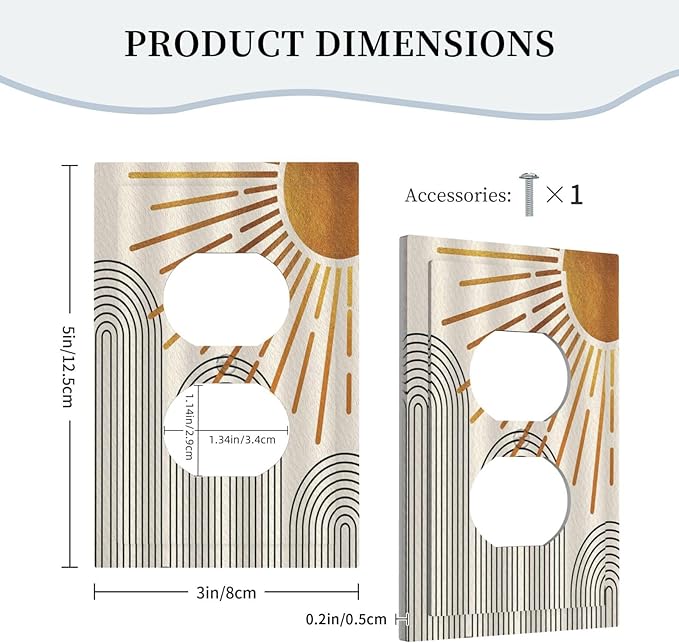 Outlet Covers Mid Century Boho Sun Beige Minimalist Abstract 1 Gang Duplex Light Switch Cover Plate Decorative Wall Plates Electrical Switchplate Receptacle for Bathroom Bedroom Decor（2 Pack）