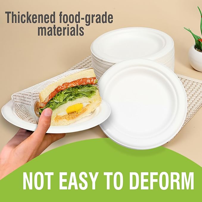Disposable Plates 100% Compostable Heavy Duty - 9 Inch paper plates bulk for Party, Dinner, Cake, Dessert, Snacks Eco-Friendly White