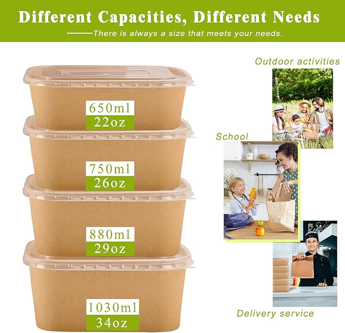 50-Pack 26oz Kraft Paper Bowls Disposable with Lids and Wooden Forks, Disposable Meal Prep Containers Paper Food Prep Containers with Lids, To Go Container for Hot Soup/Salad, Freezer & Microwave Safe