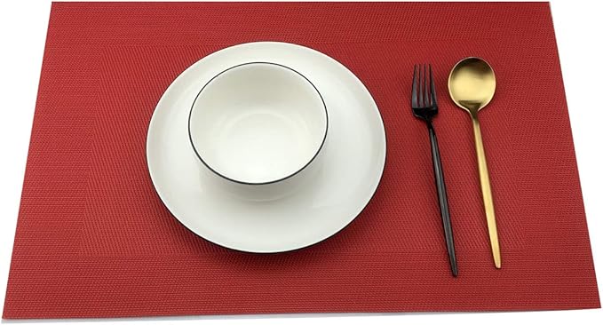 Gugrida Vinyl Red Placemats Heat Resistant Dining Table Mats Non-Slip Washable Place Mats Set of 6 （Red）