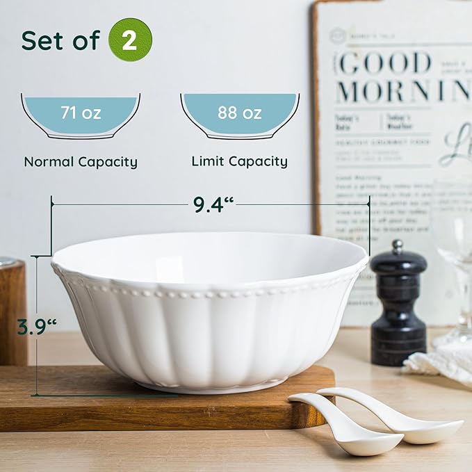 HOMBENE Large Ceramic Soup Bowls, 9.5 Inch Pasta Serving Bowl Dinner Bowls, Microwave Dishwasher Safe Bowl Set of 2