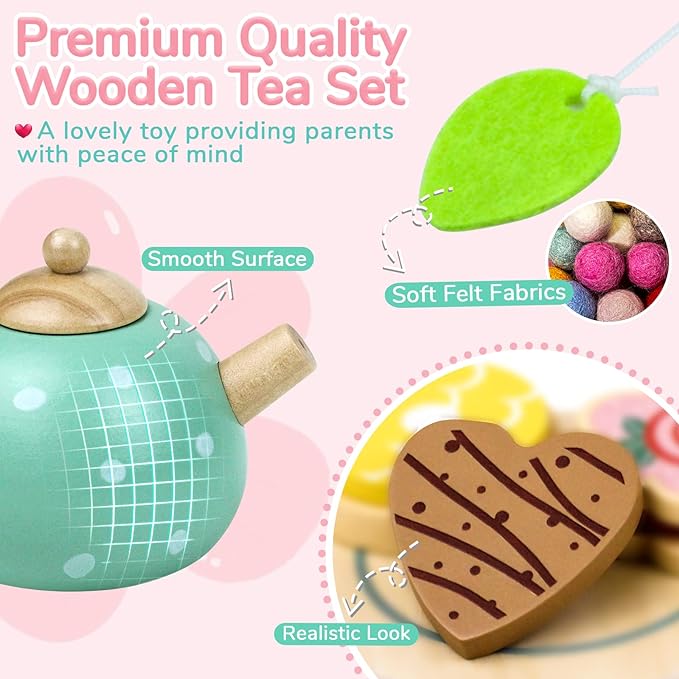 Wooden Tea Set for Little Girls Play Food Pretend Play for 3 4 5 Years Old | - Image 3