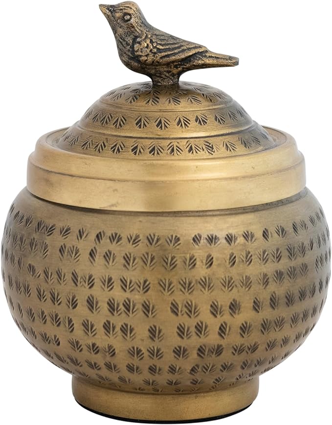 Round Hammered Metal Container with Bird Finial, Brass Finish