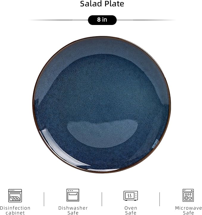 Organic Shape Highland Ceramic Salad plates, 6pcs 8 Inch Handmade Reactive Glaze Dinnerware Sets with Wavy Edge, for Kitchen, Microwave & Dishwasher Safe, Scratch Resistant-Blue