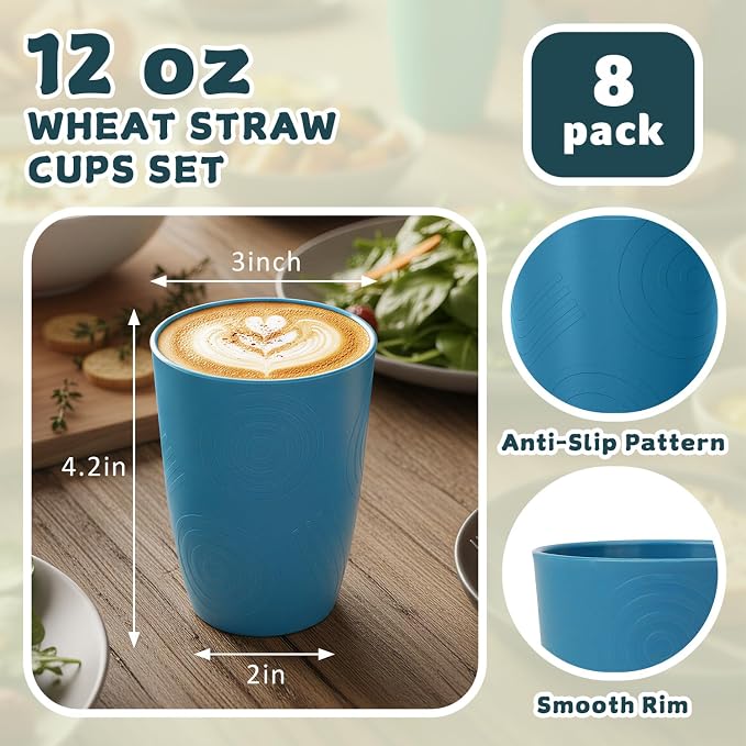 Wrova Wheat Straw Cups Set of 8, 12oz Kids Cups Unbreakable Drinking Cups - Image 3