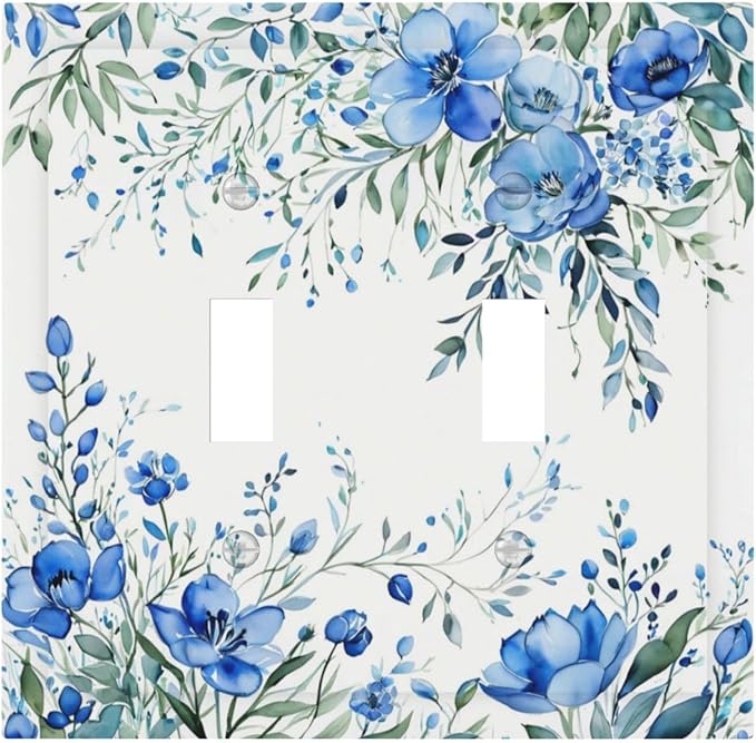 Decorative Light Switch Cover Blue Watercolor Flowers Retro Floral Leaves 2 Gang Wall Plate Double Toggle Switch Plate Receptacle Electrical Outlet Cover Switchplate for Bathroom Bedroom（2 Pack）