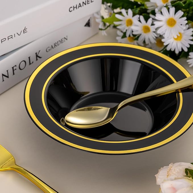 100 Pack Black Disposable Soup Bowls with Gold Rim,12oz Disposable Soup Bowls,Disposable Soup Dessert Salad Bowls for Wedding/Party/Catered Events
