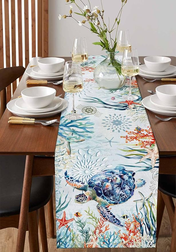 Sea Turtle Coastal Table Runners 48 Inches Long, Summer Beach Coral Table - Image 2