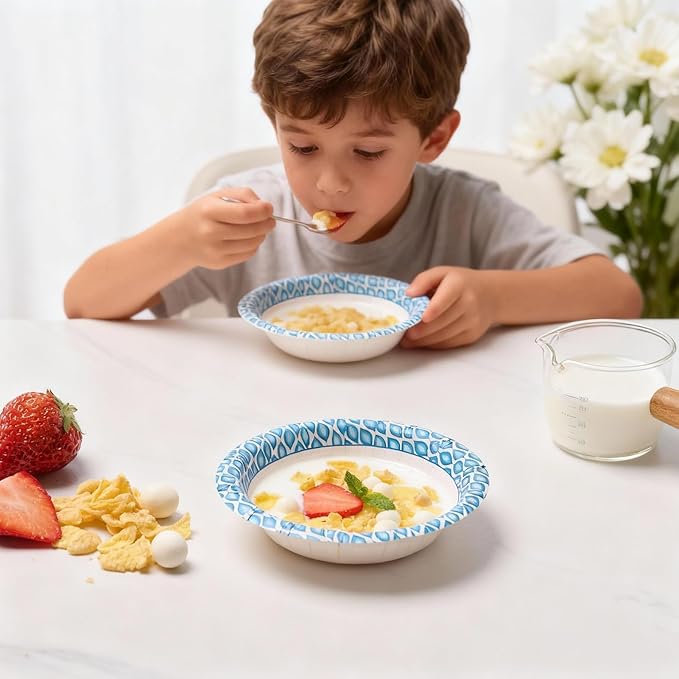 MUCHII 10 Oz Paper Bowls 150 Count Small Bowls, Blue Printed Soak Proof Disposable Bowls for Snacks, Dessert, And Light Lunch Meals