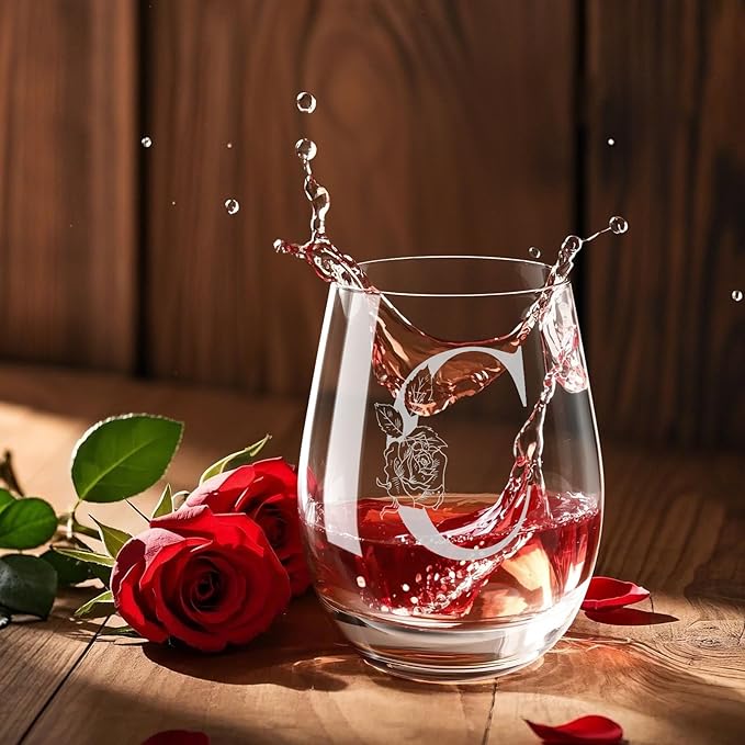 Valentines Day Gifts for Her, Gifts for Women Her Friend Mom Grandma Wife Sister Bridesmaid Nurse, Birthday Galentines Mothers Day Christmas, Personalized Initial Customized Wine Glasses 18OZ(C)
