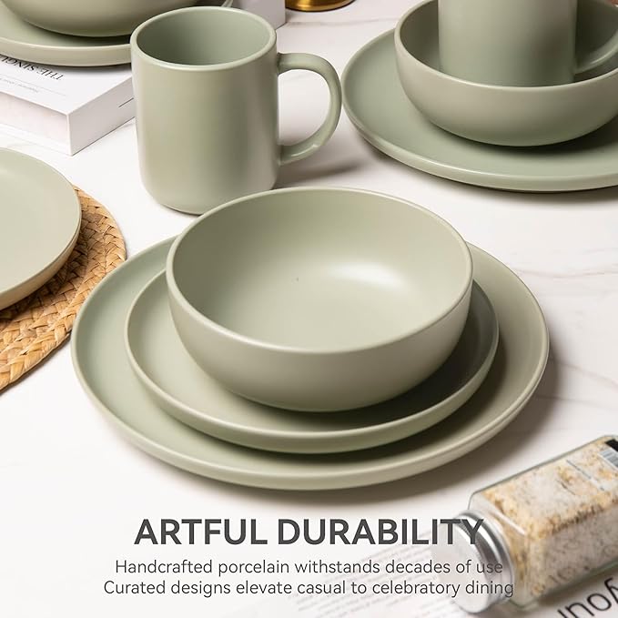 12-Piece Stoneware Dinnerware Set with Mugs | Microwave and Dishwasher Friendly | Stackable Matte Glaze Plates & Bowls | Service for 4