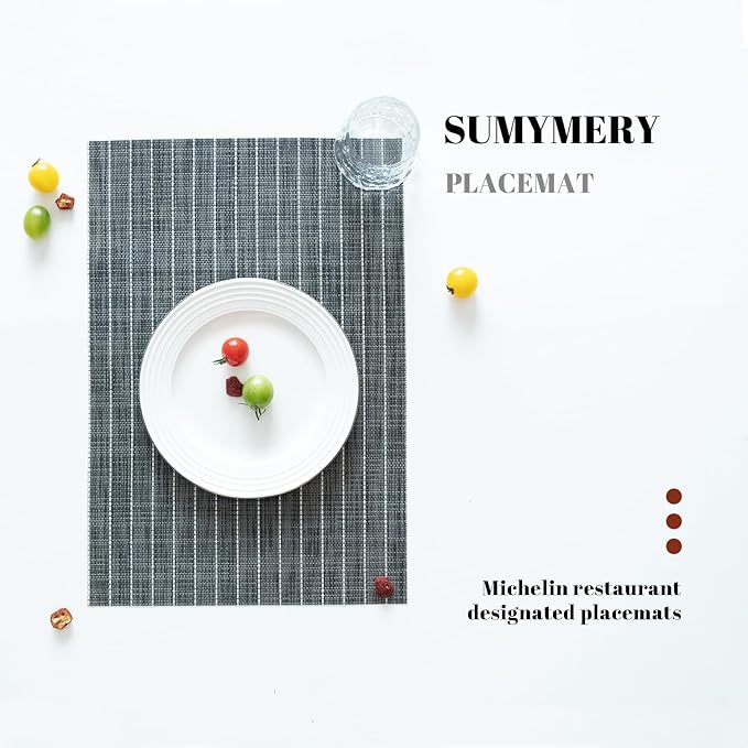 Placemats Set of 8 Vinyl/Plastic Woven Place Mats for Kitchen Table Indoor/Outdoor Washable Placemat Wipeable Dining Table Mats (Black Stripes,8)