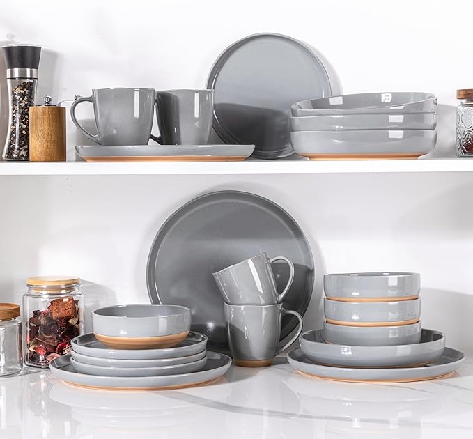 AmorArc 8.75'' Large Ceramic Pasta Bowls, 36oz Handpainted Stoneware Bowls Set of 4, Microwave&Dishwasher Safe Bowls with Wavy Rim&Rustic Terracotta Underside for Pasta Salad, Gray