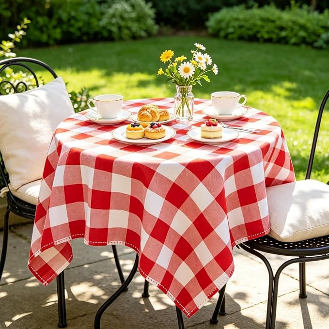 ShinyBeauty Gingham Square Tablecloth 54x54 Red and White Cotton Plaid | Rustic - Image 3