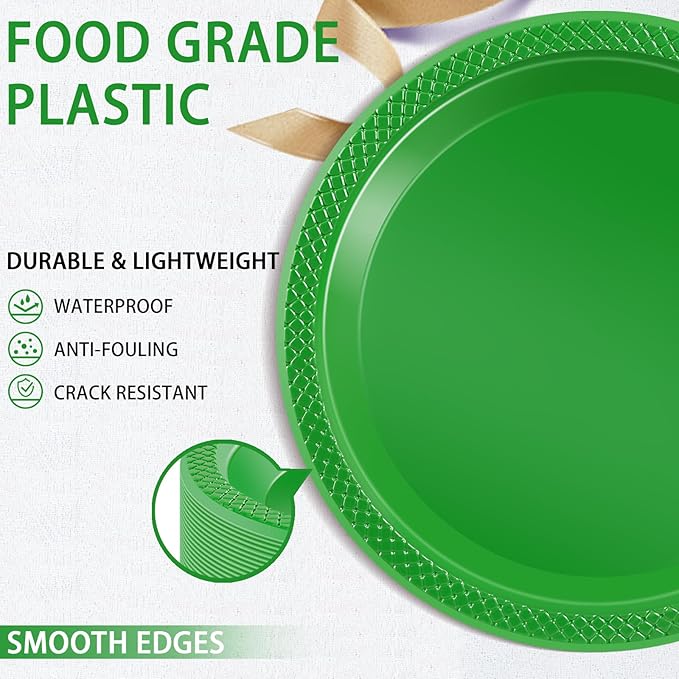 WELLIFE Green Party Plates 9 Inch -150 Count, Disposable Plastic Dinner Plates for New Year Party St. Patrick's Day Easter