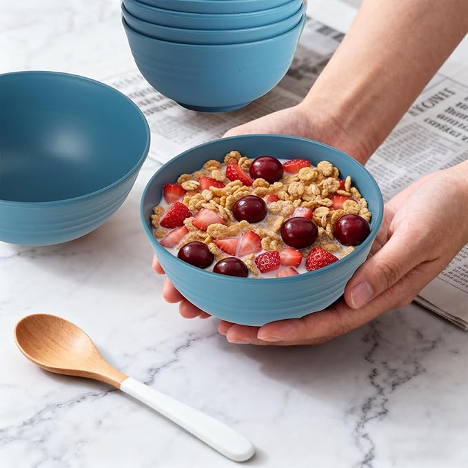 26 OZ Wheat Straw Bowls Set of 6, Reusable Plastic Kitchen Bowls, Unbreakable Bowls Set for Cereal, Salad, Snack, Soup, Ideal for Indoor & Outdoor, Microwave & Dishwasher Safe, Blue