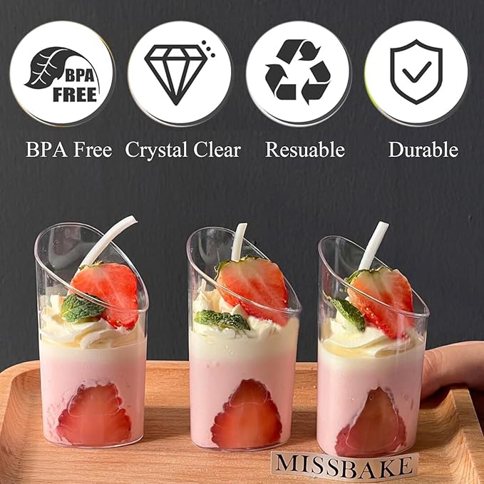 50 Pack Plastic Dessert Cups with Spoons, 3 oz Clear Mini Parfait Appetizer Cups, Reusable Slanted Triangle Shooter Serving bowls for Tasting, Small Dessert Shot Glasses