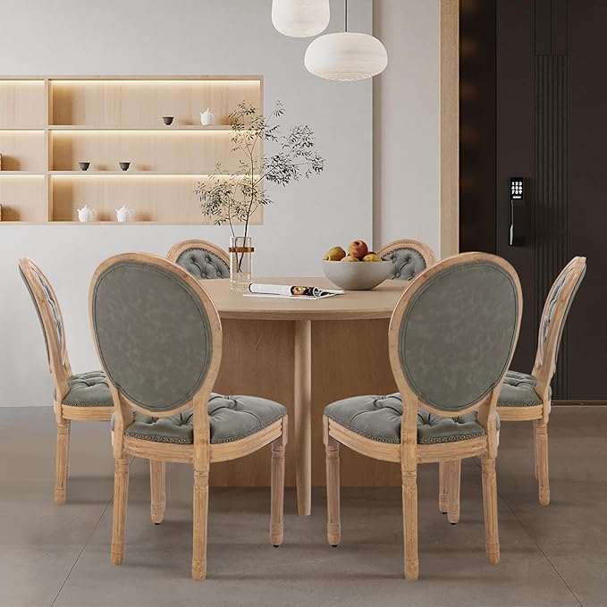 SoarFlash French Dining Chairs Set of 6, Vantage Dining Chair with Round Back, Farmhouse Country PU Leather Dining Chair for Kitchen,Bedroom,Green