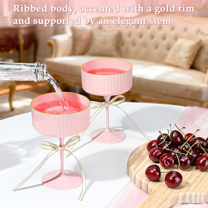 XUWAIDSGN 12 Pcs Champagne Martini Glasses 9 Oz with Gilded Removable Gold Rim Coupe Glasses Pink Martini Glasses Plastic Mimosa Vintage Coupe Glasses Set For Wedding Anniversary (12, Solid Pink)