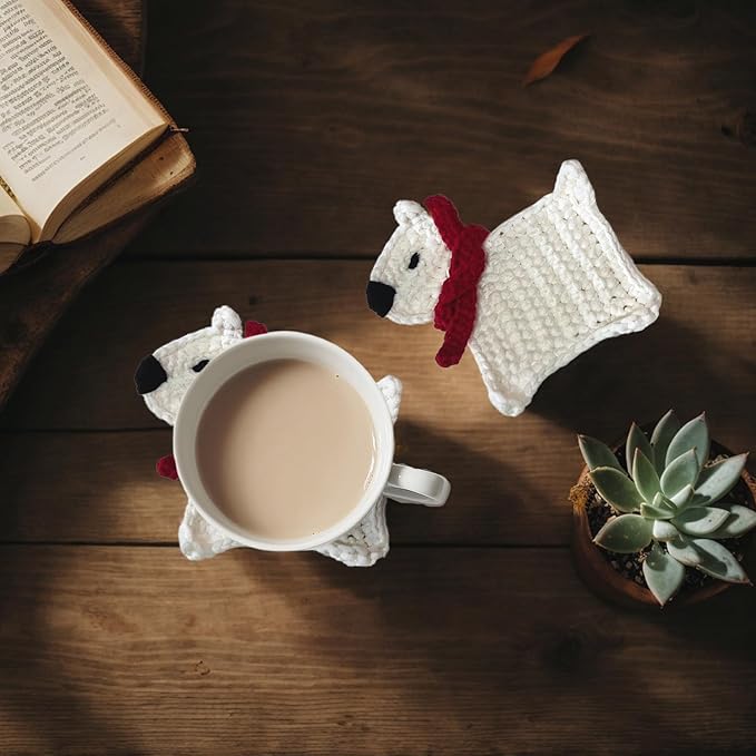 UMIRRO Handwoven Drink Coasters for Coffee Table, Gifts for Dog Lovers, Cute Home Kitchen Decor for Room, Dog Themed Birthday Party Decorations - White Puppy with Red Scarf, Set of 2