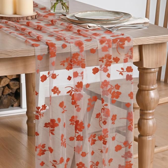 Artoid Mode Caramel Gauze Flocking Flowers Table Runner 10FT, Fall Sheer Dining by ArtoidMode