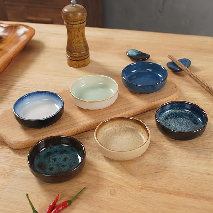 3.35 Inch Ceramic Soy Sauce Dish,Pinch Bowl,Small Dipping Bowls for Side Dishes,Appetizers,Condiments-Set of 6(Assorted Colorful)