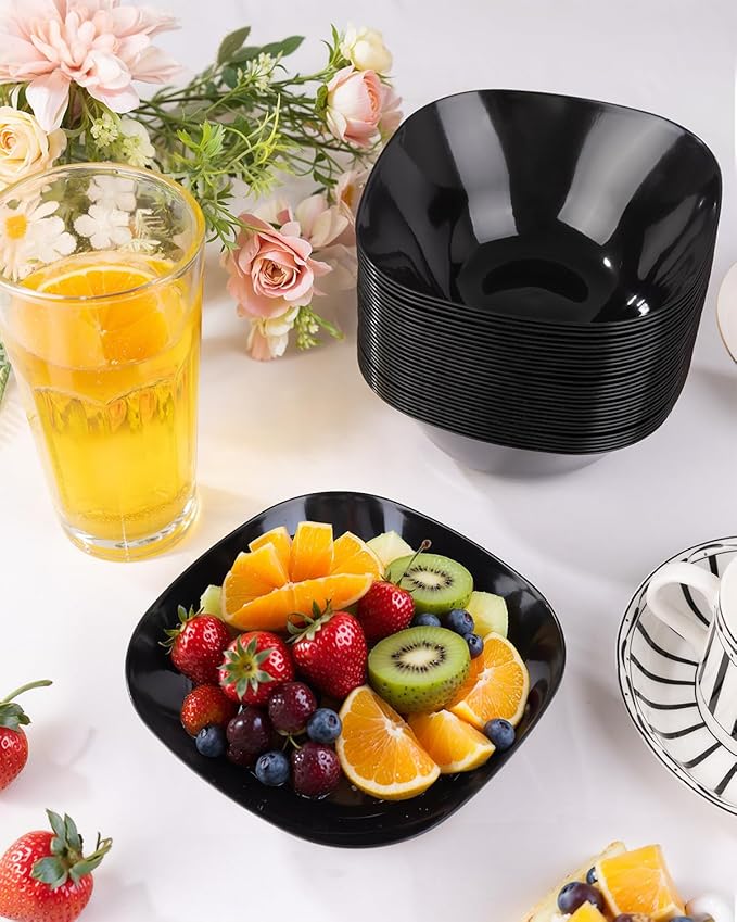 bUCLA 50Pack Black Plastic Serving Bowls - 16oz Disposable Serving Bowls for Dessert/Ice Cream/Salsa/Snack/Candy, Ideal for Party & New Year