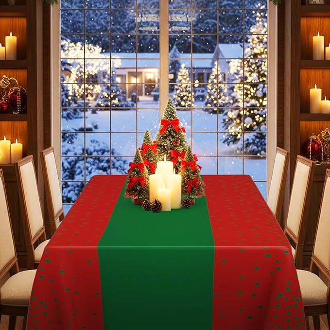 Oudain 6 Pcs Red and Green Tablecloth for Parties Plastic Dot Tablecloths Printed Table Runner Waterproof Disposable Rectangle Table Cover for Christmas Birthday Wedding Party, 54" x 108"