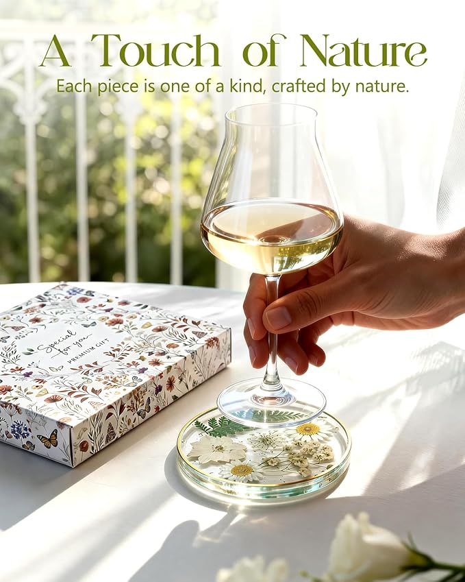 Oqplog Resin Drink Coaster for Desk Coffee Table-White Cute Dried Flowers Cup - Image 3