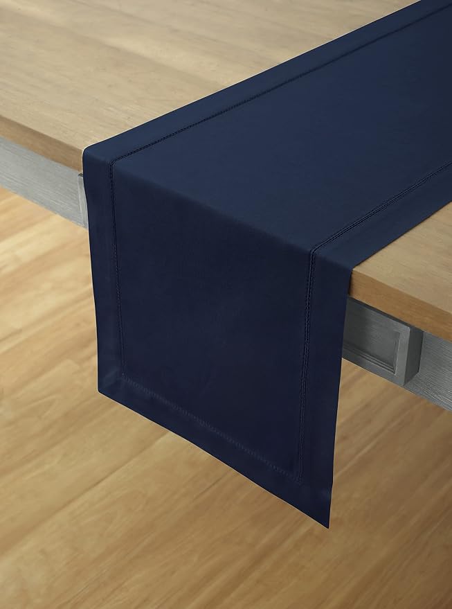 Solino Home Cotton Linen Dining Table Runner Navy Hemstitch, 14 x 144 in | - Image 2