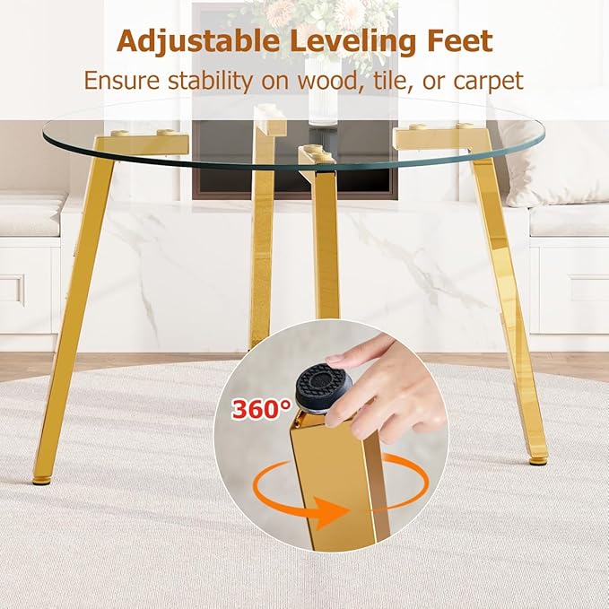 42" Round Glass Dining Table Set for 4,Modern Breakfast Table Set for 4 with Luxury Gold Chrome Legs,Space Saving Kitchen Table and Light Grey Chairs for Apartment,Easy Assembly