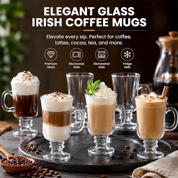 ZENFUN Set of 6 Irish Coffee Mugs, 8 Oz Glass Footed Espresso Cups - Image 10