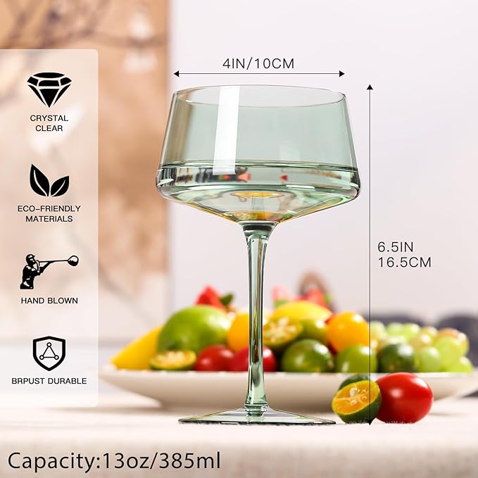 Hand Blown Colored Coupe Glasses Set of 6-13oz large Crystal Martini, Cocktail & Champagne Glasses -Cute & Colorful Cocktail Glassware-Perfect for Bar, Cocktails, Martinis-Wedding Gifts