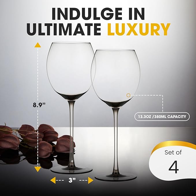 Colored Red Wine Glasses Set of 4 - Elegant Long Stem Wine Glass - 13.3oz (Smoke)