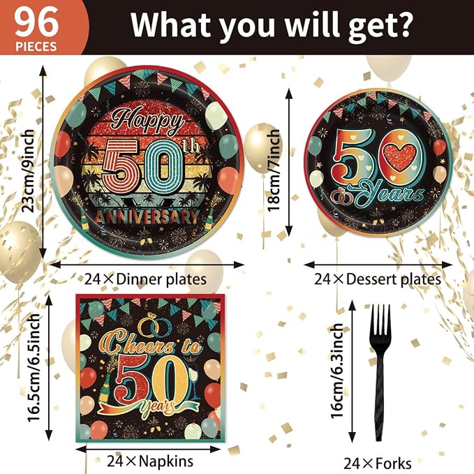 EUOYUFO 96Pcs Vintage 50th Anniversary Paper Plates Napkins Forks 50th Wedding - Image 2