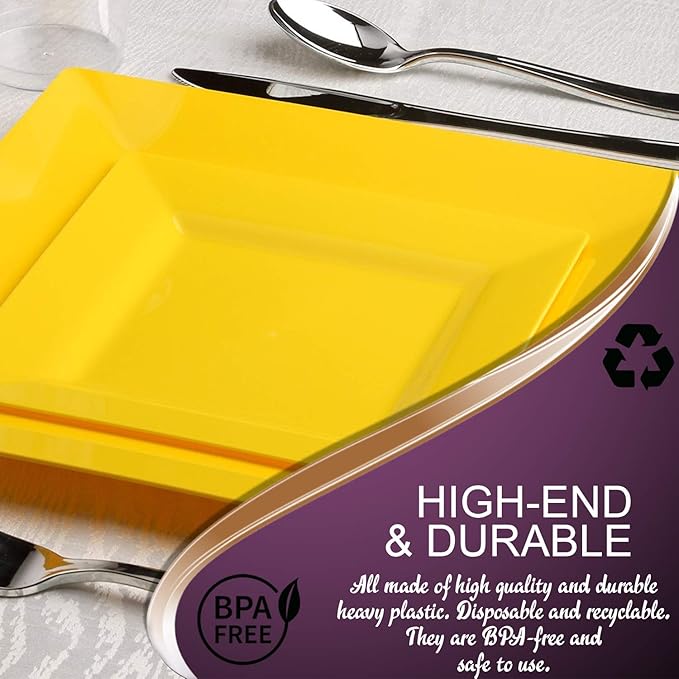 Elegant Disposable Plastic Dinner Plates 120 Plates - Heavy Duty Square Yellow Dinner Plates - 9.5" Reusable Plastic Party Plates For All Occasions