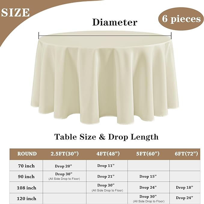 Fitable 6 Pack Ivory Round Table Clothes - 70 Inches in Diameter - Stain Resistant and Washable Tablecloths, Polyester Fabric Table Covers for Wedding, Party, Banquet, Gathering