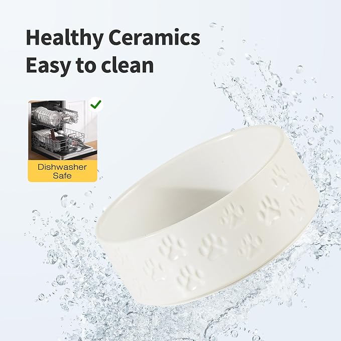 Ceramic Dog Bowl Set, 8.3" Food and Water Bowls with Anti-Slip Rings for Large Breed Dogs, 7.5 Cup Pet Dishes for Large-Sized Dogs, Dishwasher Safe (Double Bowls - White, 8 inch)