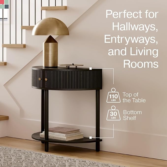 Entryway Table Fluted Half Moon Console - Semicircular, Black Oak Veneer - Hidden Storage with Two Fluted Doors & Brass Knobs - Modern Narrow Console Table for Living Room & Hallway