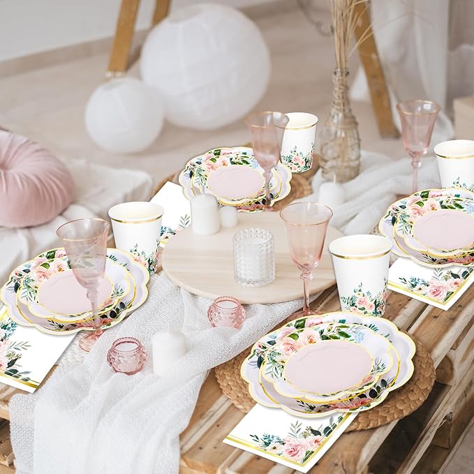 Whaline 100Pcs Pink Floral Paper Tableware Set Spring Flower Gold Foil - Image 6