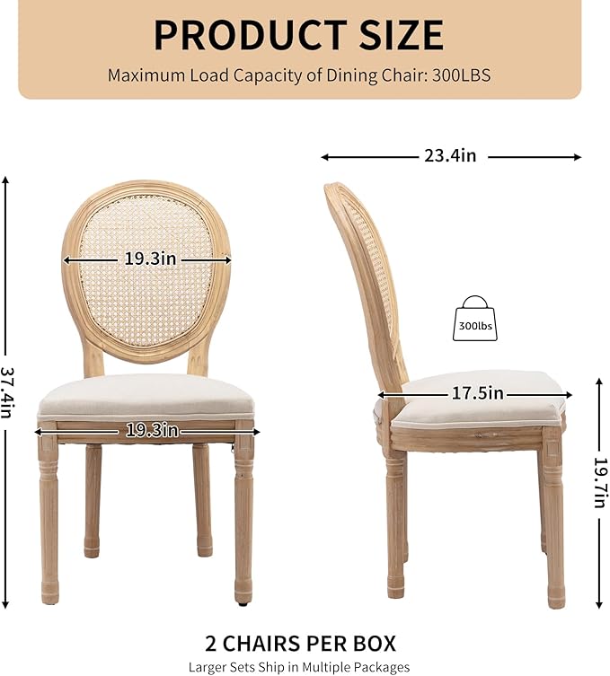 Vintage French Rattan Dining Chairs Set of 4, Solid Wood Frame with Round Rattan Back and Linen Upholstered Seat, Farmhouse Accent Sillas de Comedor Side Chairs for Dining Room & Kitchen, Beige