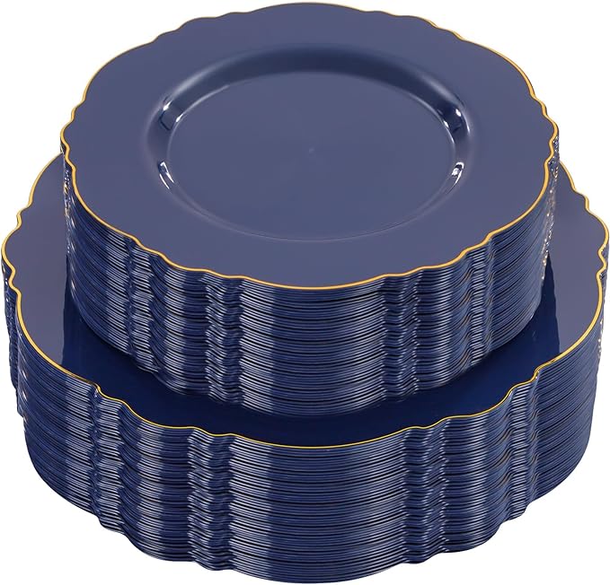 WDF 100pcs Blue Plastic Plates - Baroque Blue&Gold Disposable Plates for Parties/Wedding-50Plastic Dinner Plates 10.25in, 50Salad Plates 7.5in for Party/Birthday/Wedding