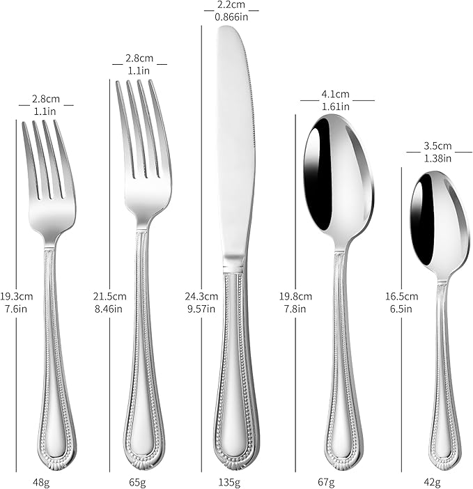 40-Piece Flatware Set for 8, Heavy Duty 18/10 Stainless Steel Silverware Set, Weighted Silverware Knives Forks and Spoons Set, Beaded Edge Handle, Dishwasher Safe