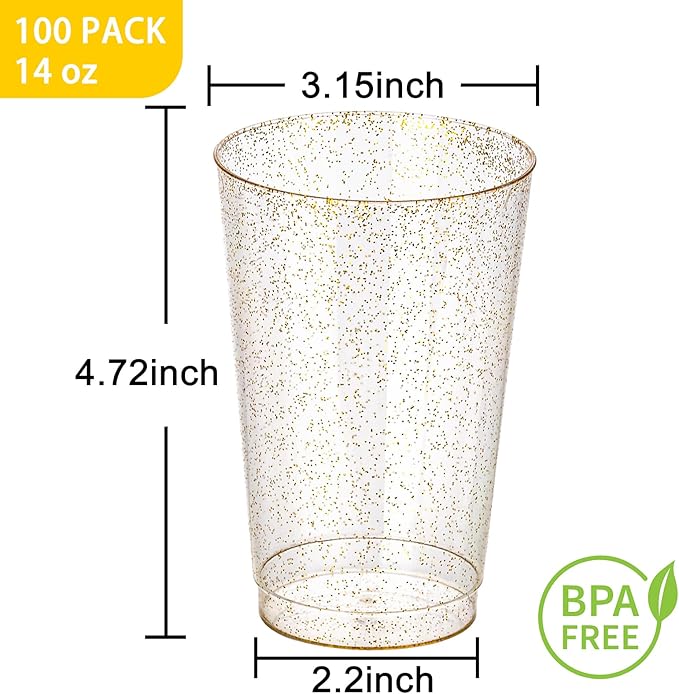 I00000 100 Pack 14 oz Gold Plastic Cups, Disposable Tumblers Gold Glitter Plastic Cups, Disposable Wine Glasses Cocktail Glasses Perfect for Wedding, Mother's Day & Party