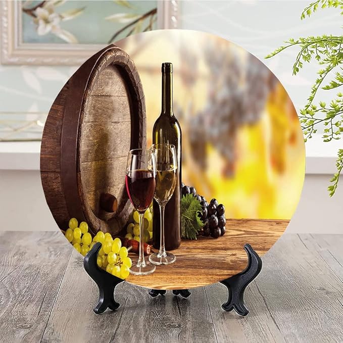 Ceramic Display Plate, Wine Ceramic Hanging Decorative Plate, Red and White Wine Bottle Glass on Wooden, 8 Inch, Living Room Kitchen Decoration Household, Brown Light Green Yellow