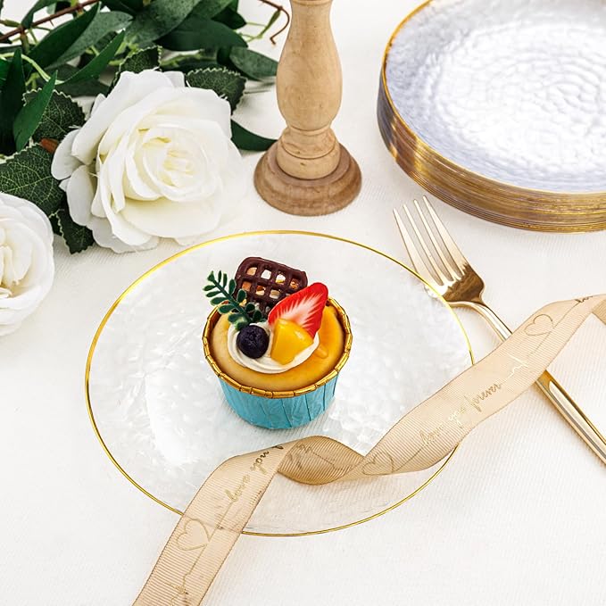 Rubtlamp 60 Pcs Clear Plastic Dessert Plates, Hammered Party Plates, Disposable Heavy Duty Salad/Dessert Platos,Clear Party Platos, Gold Plastic Appetizer Platos Disposable For All Occasions