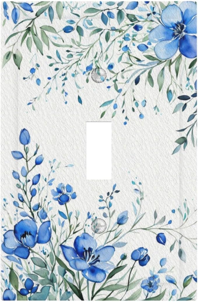Decorative Light Switch Cover Blue Watercolor Flowers Retro Floral Leaves 1 Gang Wall Plate Cover Single Toggle Outlet Covers Switchplate Electrical Faceplate for Bathroom Bedroom Decor（2 Pack）